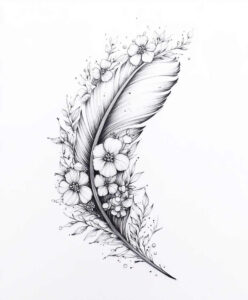 Feather with blooming flowers and leaves in black and grey; tattoo design idea; not a cover-up.