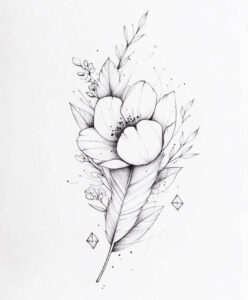 Black and grey pencil sketch of a flower bouquet with petals, leaves, stems, small blossoms, and geometric diamonds; tattoo design idea, not specifically suitable for cover-up.