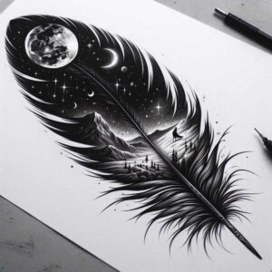 Feather tattoo design in black and grey with night sky featuring moon and star, mountain landscape; cover-up-ready project.