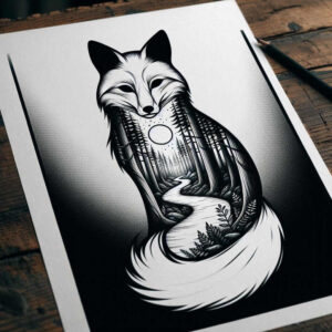 Black and grey tattoo design of a fox with a forest scene inside its silhouette, featuring a winding path and moon; project concept with forest pattern, suitable for a cover-up.