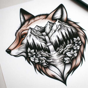 Fox head silhouette tattoo with a mountain landscape inside, black and grey with subtle brown accents; project idea; suitable for a cover-up.