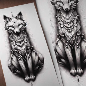 Black and grey fox sits upright, wearing layered necklace, beads, and pendants; tattoo project idea; cover-up suitable.