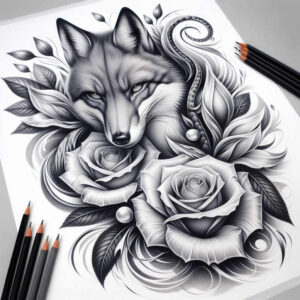Black and grey tattoo design showing a fox head surrounded by roses and leaves with flowing swirls; project idea; suitable for a cover-up.