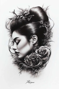 Woman in profile with a high bun; black and grey shading; roses and flowers, hair, and leaves visible; tattoo project idea; cover-up potential.