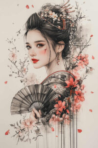 Geisha portrait in black and grey with red lips, holding a fan; floral branches, blossoms, and ornate hairpieces; AI-generated tattoo project idea; not a cover-up.