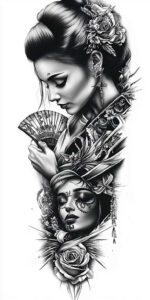 Two black and grey female portraits with a fan, roses, flowers, leaves, and earrings; project idea, cover-up ready.