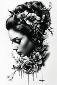 Face, hair, flower, leaves in black and grey; tattoo project suitable for a cover-up.