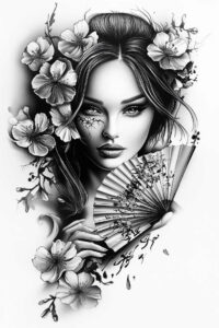 Black and grey tattoo design depicting a woman's face with flowers and a folding fan; cover-up ready concept.