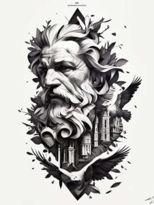A bearded head inside a geometric diamond frame; city with buildings; birds; leaves; black and grey; tattoo idea; cover-up suitable.