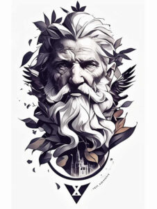 Bearded divine portrait in black and grey, framed by laurel leaves and a base triangle; project idea, perfect for cover-up.