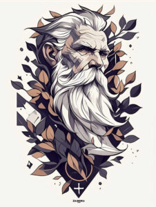 Bearded elder figure in black and grey ink, surrounded by patterned leaves with a small cross at the base; project concept, cover-up ready.