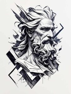 Black and grey tattoo design of a Yahweh-inspired bearded portrait with geometric shards; this project is a concept, cover-up friendly.