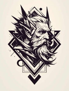 Bearded portrait of Yahweh-inspired figure in black and grey, framed by interlocking diamonds and triangles; a project idea with strong contrast and cover-up suitability.