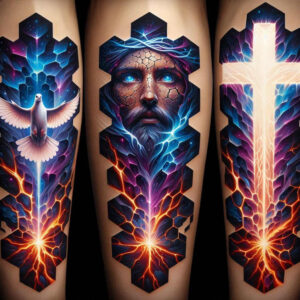 Cross, face, bolt, flame, and leaf motifs in color tattoo on forearm; heavy black shading with blue and orange highlights; concept/idea; cover-up suitable.