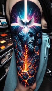 Colorful forearm sleeve tattoo in color featuring a central white dove, blue-purple energy, and orange lightning; project concept; perfect for cover-up.