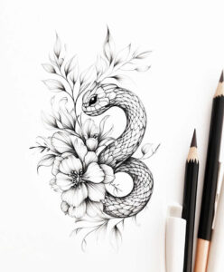 Black and grey line drawing of a coiled snake with blooming flowers and leaves; a tattoo design concept, suitable for a cover-up.
