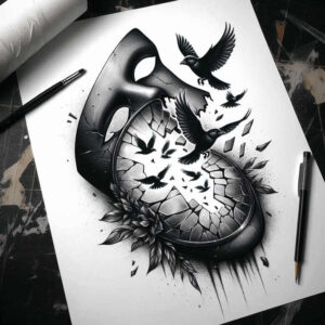 Hourglass with shattered glass, birds in flight, and floral leaves in black and grey; a cover-up tattoo project suitable for concealing dark areas.