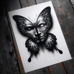Black and grey butterfly with face, wings, and filigree swirls; a tattoo project idea; cover-up suitable.