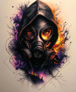 Gas mask in a black hood with purple and orange splashes, branches, and a distant cityscape; full color. AI-generated tattoo project; suitable for cover-up.