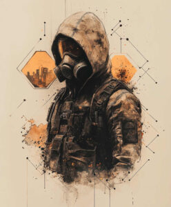 Gas mask figure in black and grey hooded tactical gear with orange hexagon panels and lines; a tattoo project, cover-up suitable.