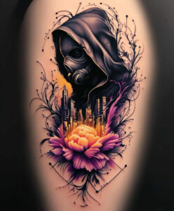 Gas mask and hood in black, city skyline with neon glow, purple flower in bloom; black and grey shading; AI-generated tattoo project, cover-up-ready, with pattern elements.