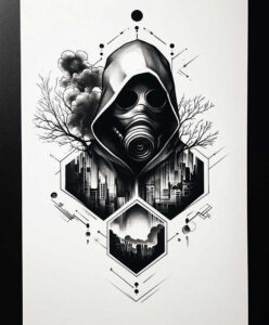 Mask and hood in black and grey, cityscape inside hexagon frames, bare trees and smoke; tattoo design project, cover-up suitable.