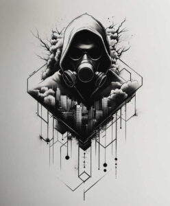 Hooded figure wearing a gas mask over a grayscale city skyline inside geometric diamonds; black and grey tattoo design, cover-up-ready concept.