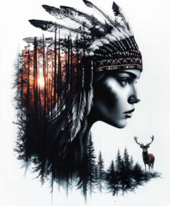 Black and grey portrait of a Native woman wearing a feather headdress; forest silhouettes and a deer appear as a pattern-rich tattoo project, suitable for a cover-up.