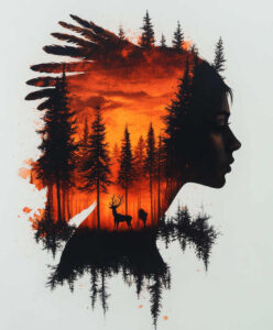 Black and grey silhouette of a woman's profile containing an orange forest scene with trees and a deer with antlers; tattoo project; cover-up suitable.