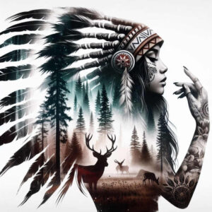 Side-profile of a woman wearing a Native-inspired headdress with feathers, visible tattooed arm, forest scene with deer; black and grey, pattern-rich AI-generated tattoo project idea; cover-up suitable.