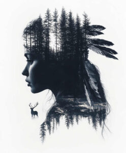 Black and grey silhouette of a woman's profile blended with forest trees and a deer, a cover-up tattoo project.