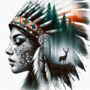 Profile of a woman in a Native-inspired headdress with floral patterns, feathers, and a deer in a pine forest — black and grey, AI-generated tattoo project, cover-up ready.