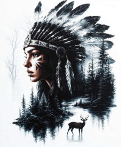 Side profile of a woman with a feathered native headdress, black and grey face paint, forest backdrop, and a deer; AI-generated tattoo project; cover-up ready.