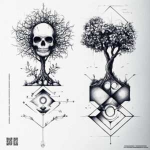 Black-and-grey tattoo design: skull with roots merging into a tree on the left; a second leafy tree on the right above a geometric diamond motif; cover-up-ready.