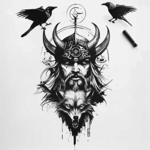 Odin-inspired black and grey tattoo design featuring a bearded Norse god with a horned helmet, stern expression, and two ravens above; symmetrical composition with dripping details; project idea; cover-up ready.