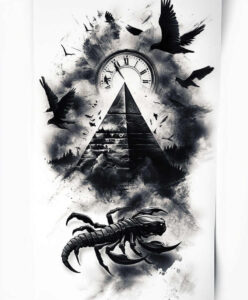 Black and grey tattoo design showing pyramid, clock, raven, and scorpion; AI-generated tattoo project, suitable for a cover-up.