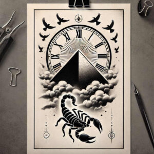 Clock, pyramid, clouds, scorpion, bird, compass; black and grey tattoo project; cover-up suitable.