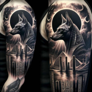 Anubis head in black and grey with pyramids, obelisks, neckpiece, crescent moon, and starry sky; a project idea, cover-up-ready.