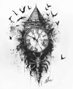Clock, tower, lobster, and birds in black and grey ink; AI-generated tattoo project; suitable for a cover-up.