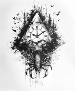 Clock within a black and grey triangle, surrounded by trees and flying birds, with a detailed scorpion below; tattoo project, cover-up suitable.