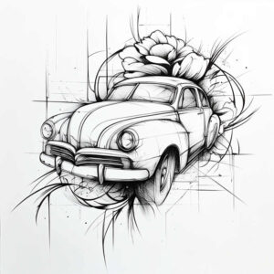 Car and flower linework in black and grey; AI-generated tattoo project idea, not optimized for cover-up.