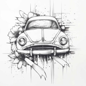 Beetle car, flowers, ribbons in black and grey; tattoo project, cover-up suitable.