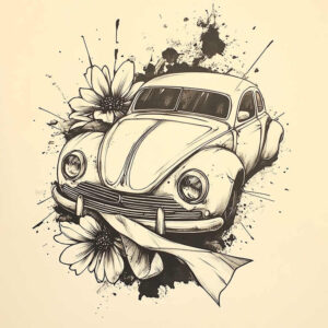 Beetle car with daisies in black-and-grey line art, ink splashes behind; AI-generated tattoo project concept, suitable for a cover-up.