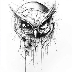 Owl head in black and grey with geometric shards and ink splatter; tattoo project (AI-generated); cover-up ready.