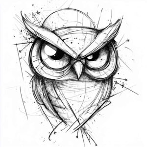 Owl linework in black ink on white background; project idea; not ideal for cover-up.