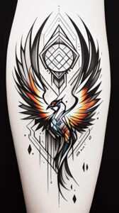 Phoenix with outstretched wings, geometric diamonds and lines in black and grey with orange and blue accents; tattoo design idea, cover-up suitable.