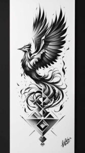 Phoenix silhouette in black and grey with spread wings and layered feathers, geometric diamonds and swirling lines on white background; tattoo project idea for cover-up.
