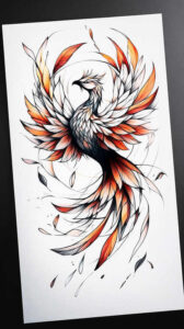 Phoenix and feathers in full color with orange, red, and black shading; concept tattoo design image; suitable as a standard tattoo design, not a cover-up.