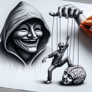 Hooded masked puppeteer in grayscale pulling strings attached to a man and a brain sculpture; black and grey cover-up tattoo idea.
