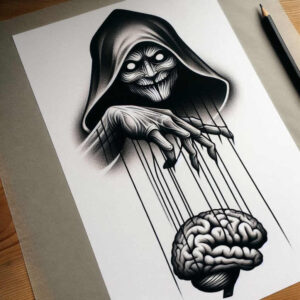 Hood, brain, and string lines in black and grey; AI-generated tattoo project, cover-up suitable.